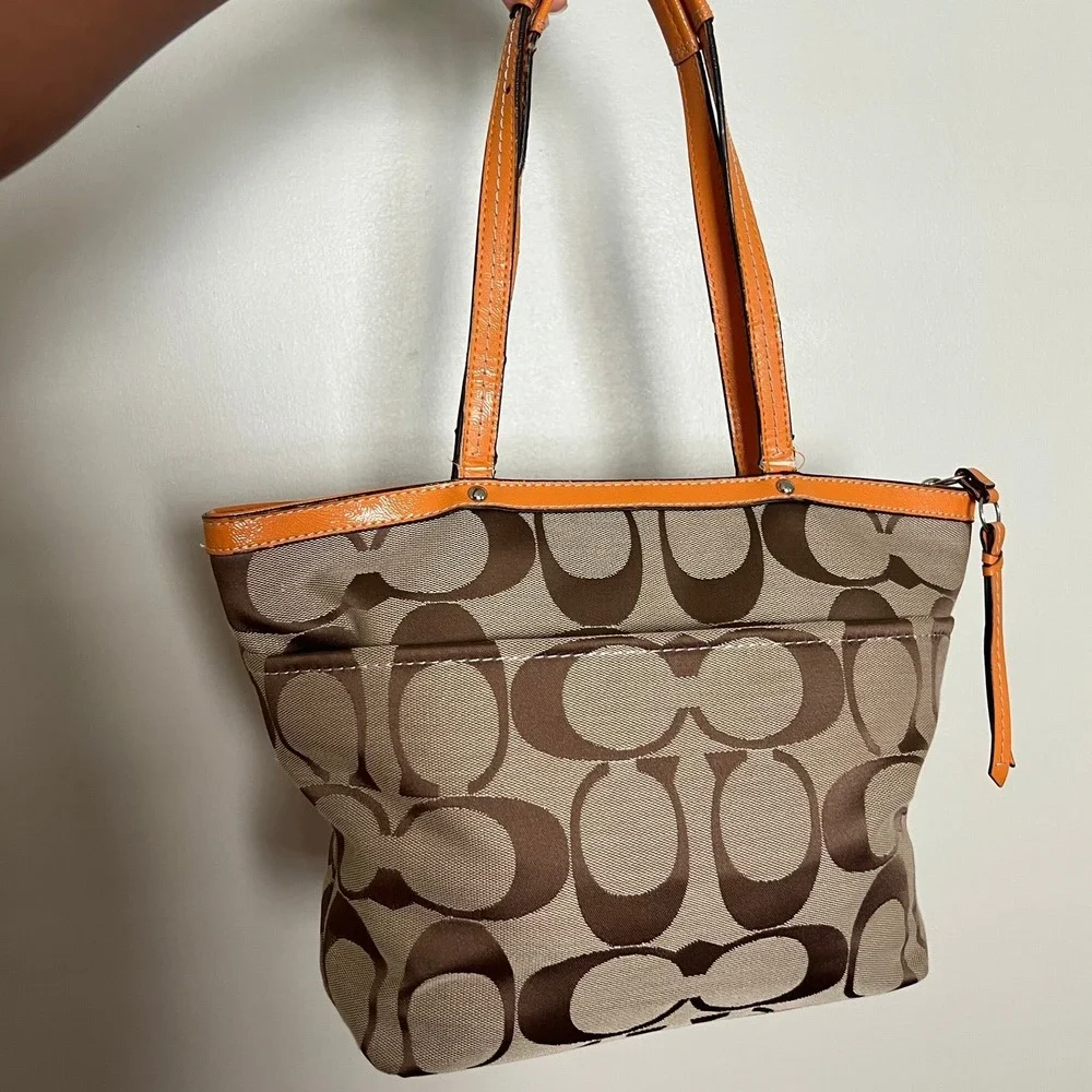 Coach Signature Gallery Tote Bag Orange Brown Monogram Canvas Shoulder Bag